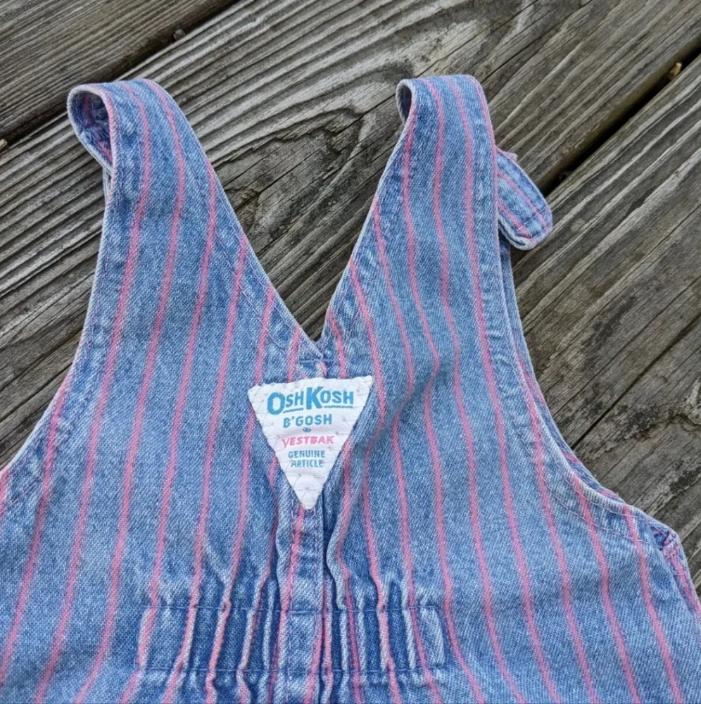 Vintage Oshkosh B'Gosh 6/9 M Vestbak Overalls Striped Denim Blue Pink